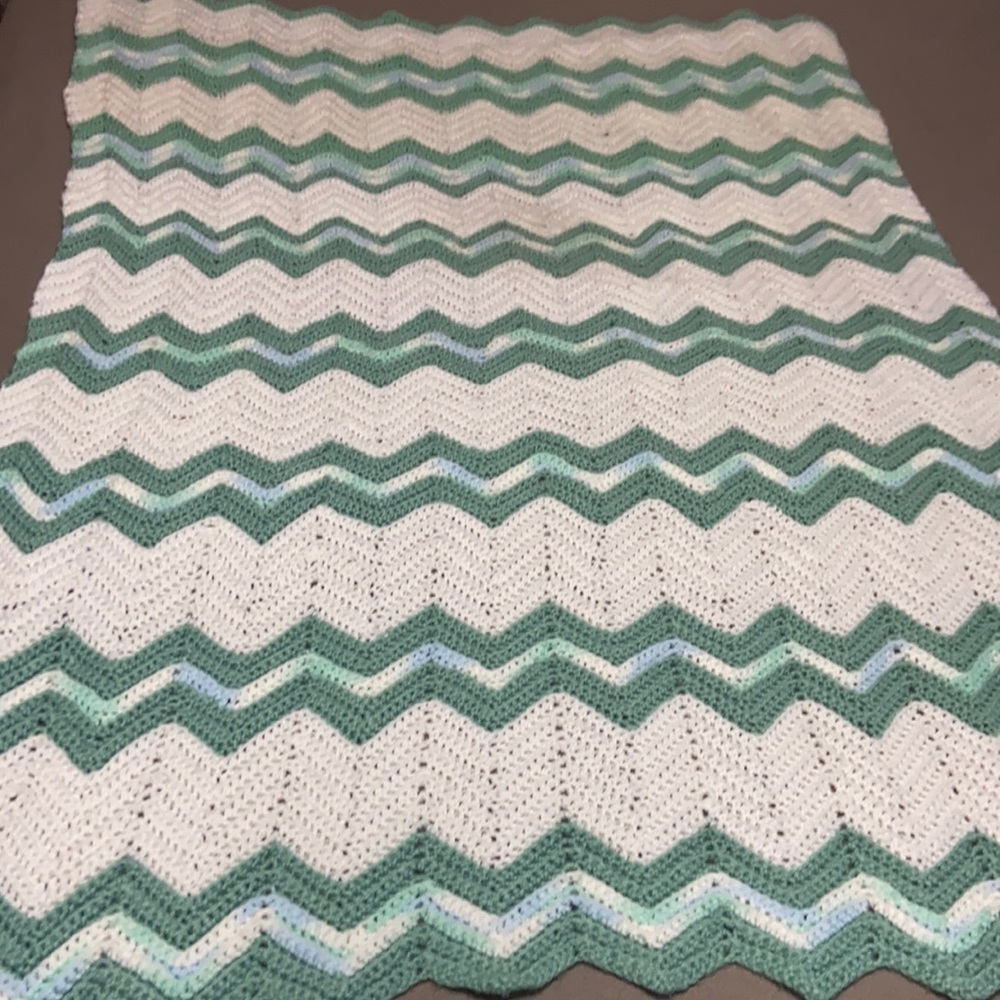 hand crochet green and white infant ripple Afghan
